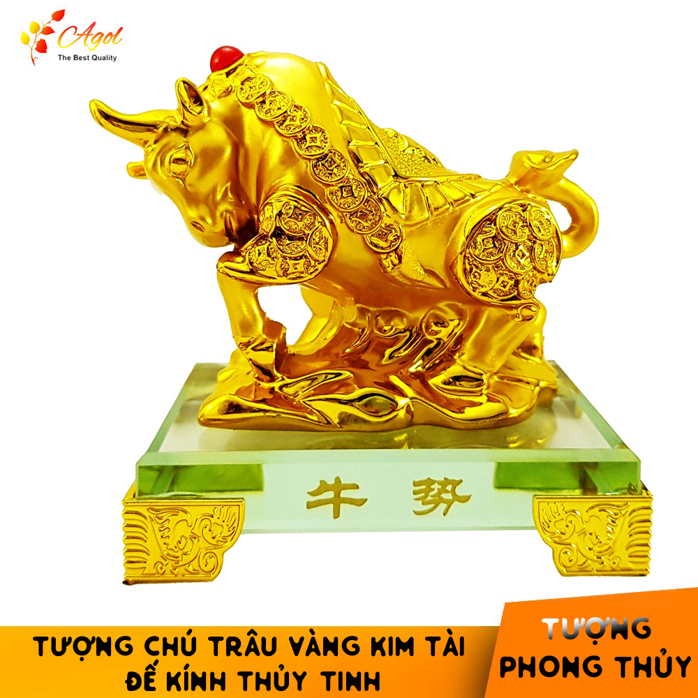 Tượng chú trâu vàng đế kính thủy tinh cao cấp - Trâu Vàng Kim Tiền