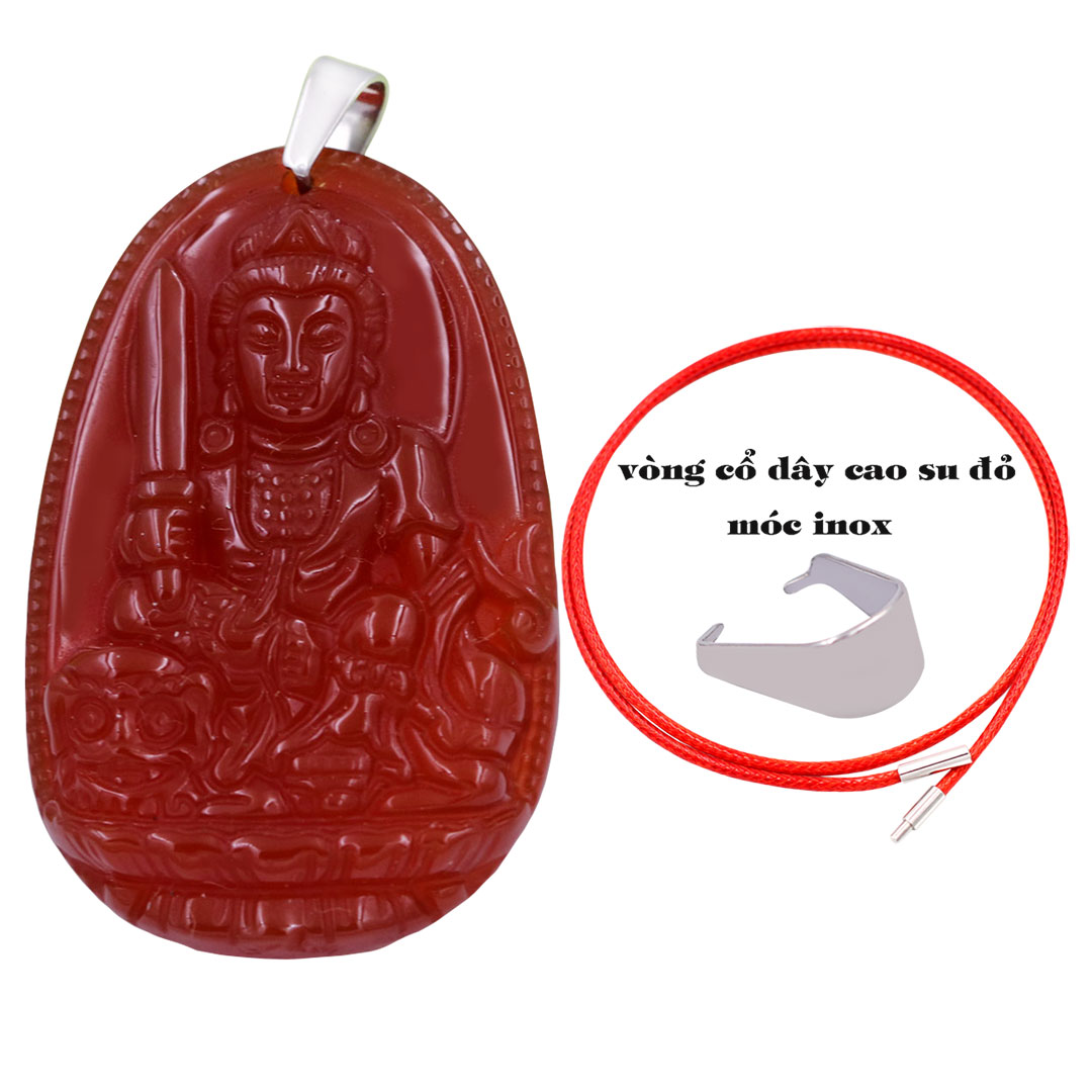 Mặt Phật Văn thù mã não đỏ 3.6 cm kèm móc và vòng cổ dây cao su đỏ, Mặt Phật bản mệnh