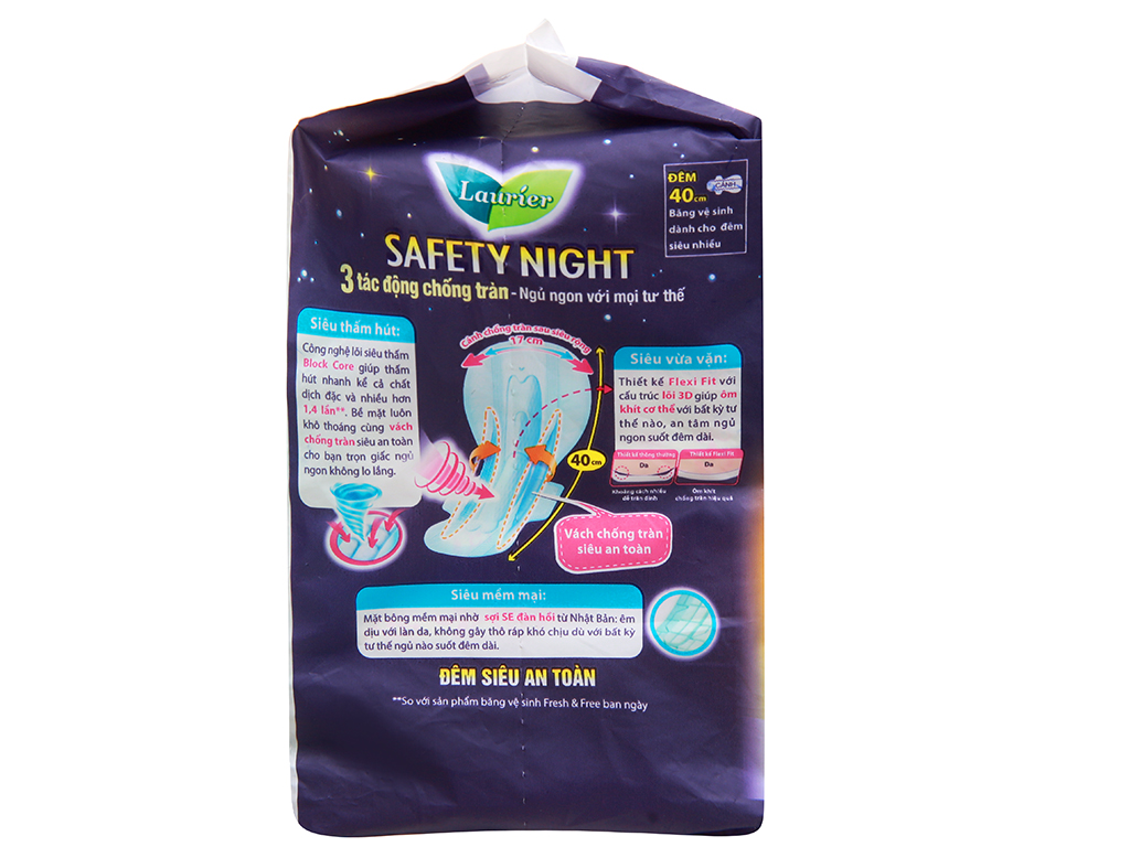 Combo 3 gói Băng Vệ Sinh Ban Đêm Laurier Safety Night chống tràn [40cm-8M]