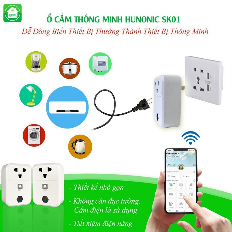 Ổ cắm thông minh Hunonic SK01. Điều khiển từ xa bằng điện thoại thông qua Wifi, Hẹn giờ tự động, Công suất tải 4000W/220V