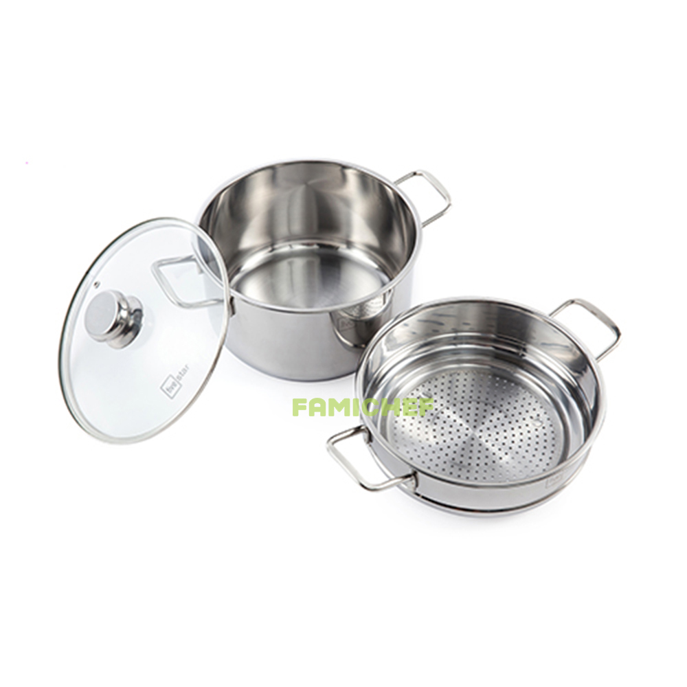 Bộ nồi chảo xửng inox 3 đáy nắp kính FiveStar FSB5002