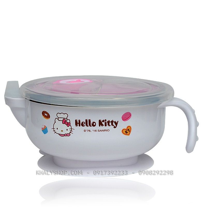 Tô ,chén giữ nhiệt inox có quai cầm tay hình mèo Hello Kitty màu trắng cho bé gái (17cm x 8cm) - CMKT002