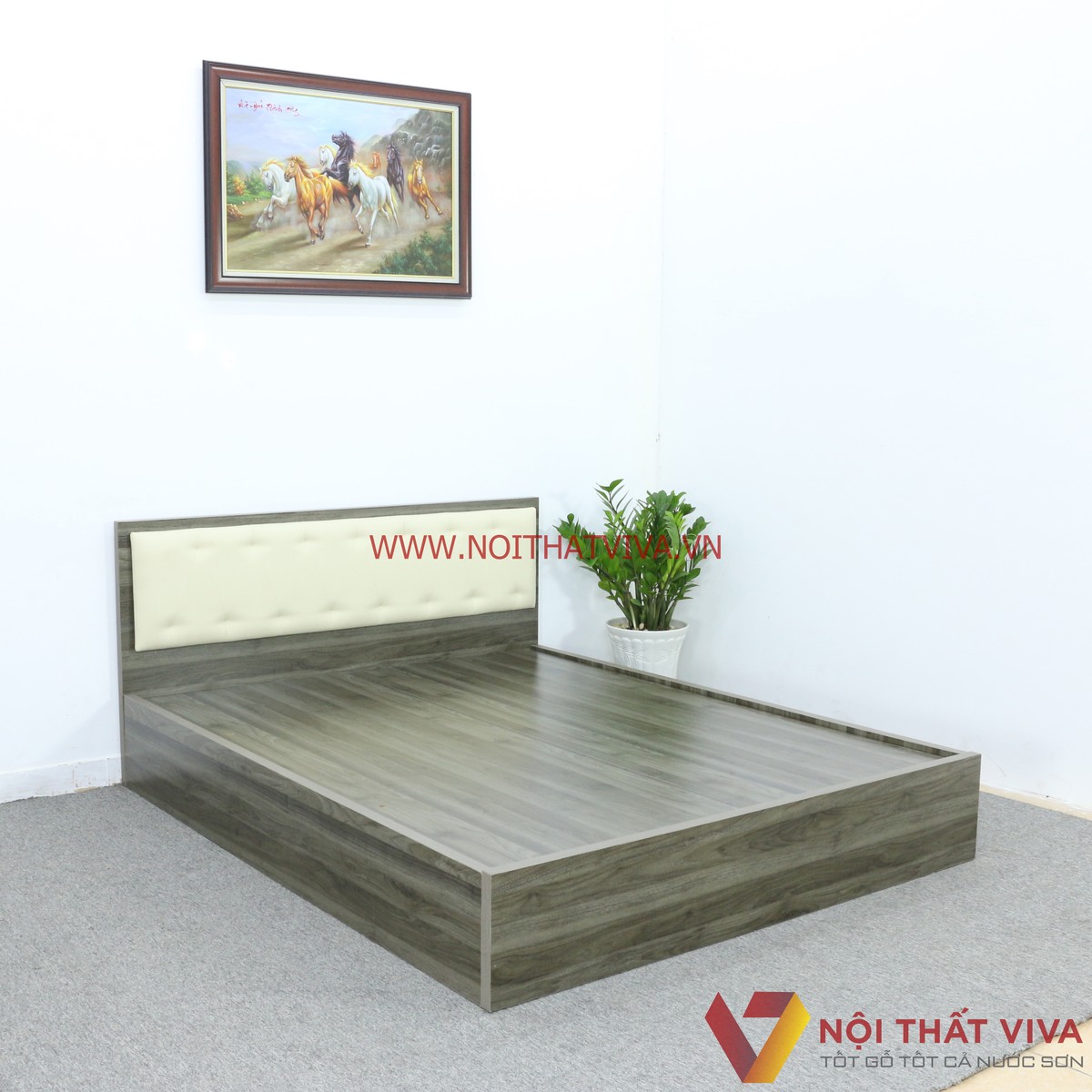 Giường Ngủ Gỗ MDF Melamine Màu Xanh Rêu Vân Gỗ Có Đầu Nệm Kem Đẹp Hiện Đại