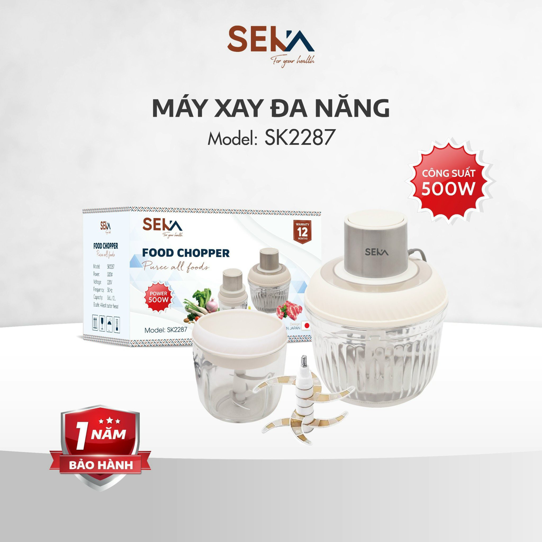 Máy Xay Thịt Thủy Tinh 2 Cối SEKA SK2287 - 1 Cối SK2288 - Xay Thực Phẩm Đa Năng - 500W (Model 2024) - Hàng Chính Hãng