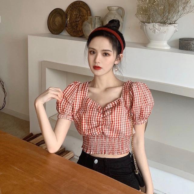 Áo croptop caro tay bồng nữ summer 2020