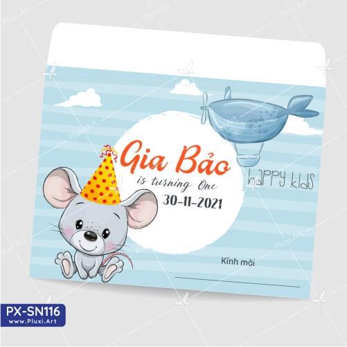 Thiệp thôi nôi – sinh nhật Pluxi bé Trai tuổi Chuột 01