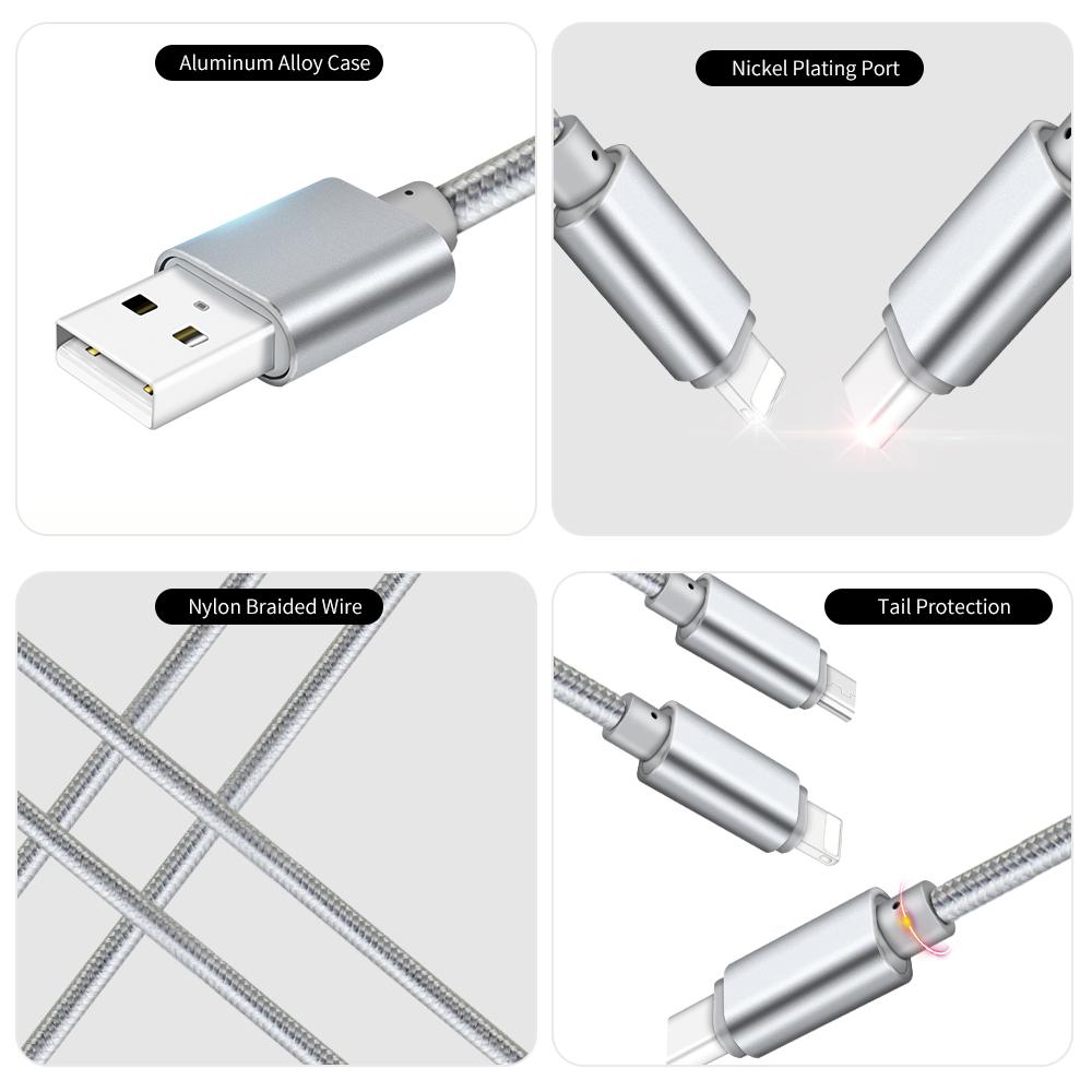 3 in 1 Charging Cable Data Cable 2.4A with Micro USB/Type-c Replacement for iPhone Xiaomi Huawei Samsung Nylon Braided