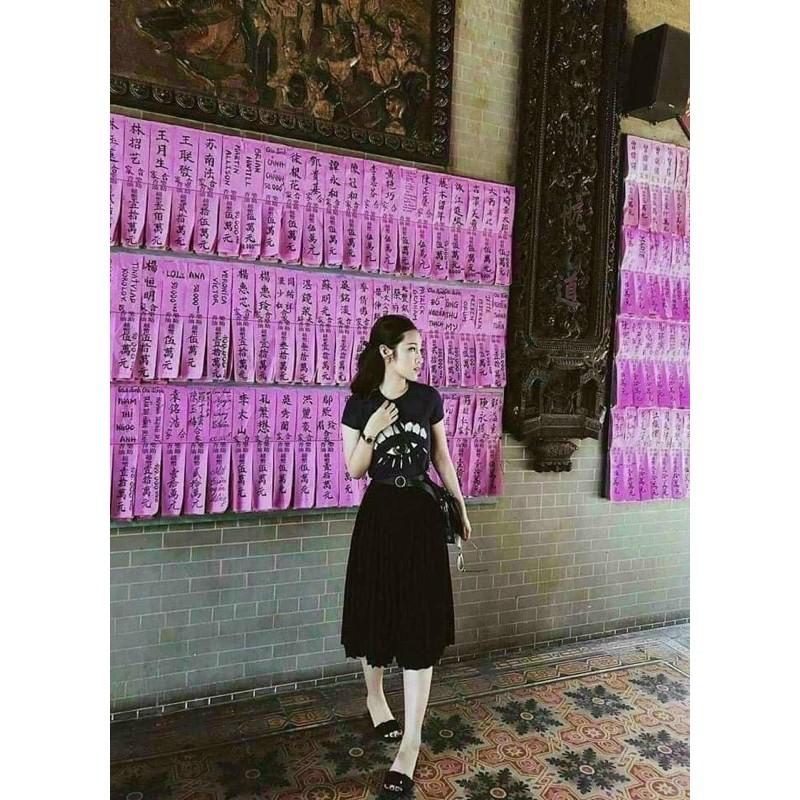 Chân Váy Midi Xếp Ly Cạp Cao Màu Đen Phong Cách Vintage