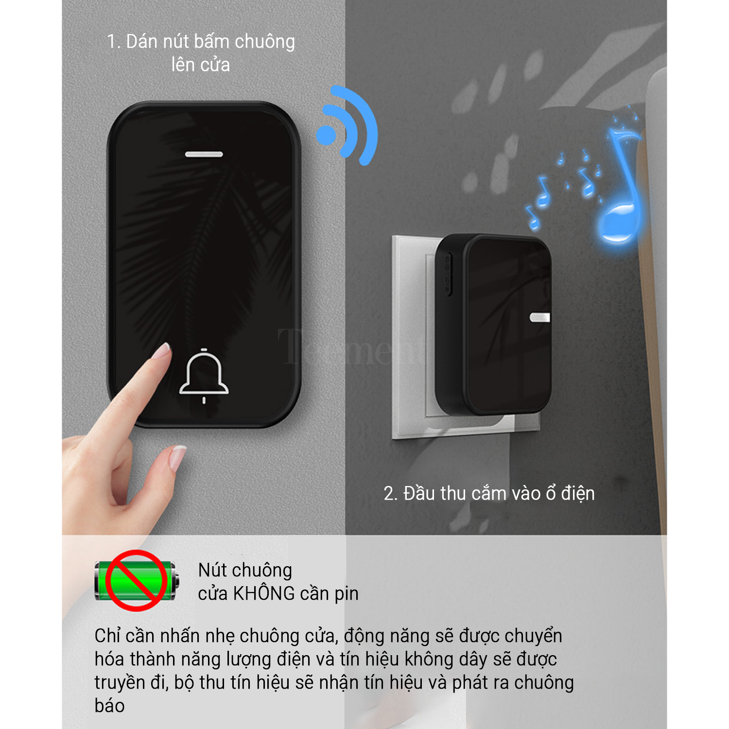 Chuông Cửa Không Dây Không Dùng Pin, Chống Nước Thông Minh, Chuông Bấm Vĩnh Cửu Báo Động Người Già, 38 Loại Nhạc - Hàng Chính Hãng Teement