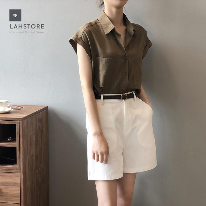 Áo sơ mi thô Linen nữ form rộng cổ bẻ 2 túi ngực trẻ trung LAHSTORE, phong cách Hàn Quốc