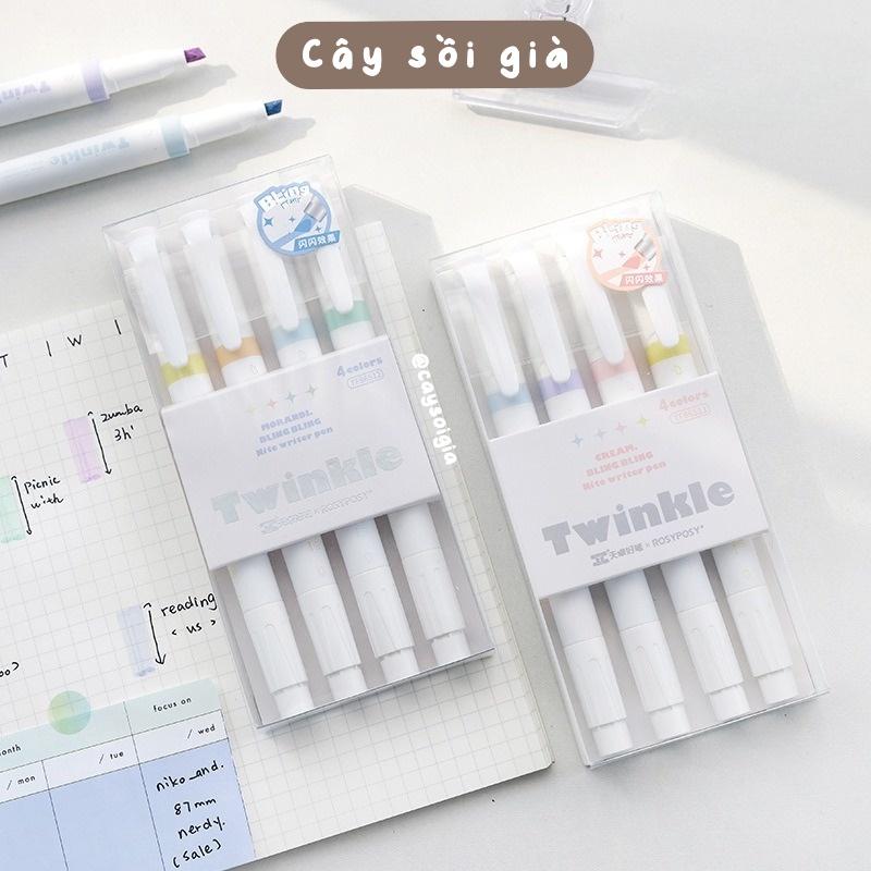 S75 - Bút highlight dạ quang 2 đầu màu pastel ánh nhũ kim tuyến lấp lánh Twinkle RosyPosy đánh dấu từ khóa