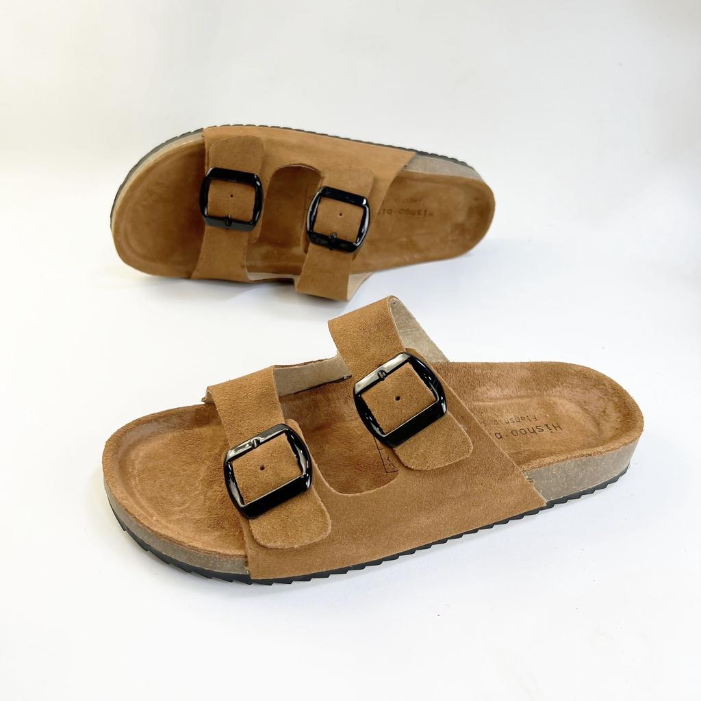 Dép đế chất liệu da bò birken nam nữ unisex quai ngang 2 khóa size 35 - 43 chính hãng Hishoo S109