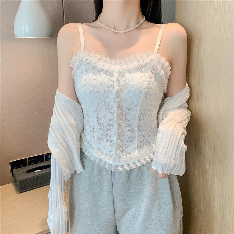 Áo hai dây nữ khuy ngọc phối ren có đệm ngực chun lưng hàng QC