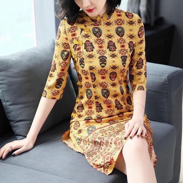 ĐẦM HỌA TIẾT VÀNG NÚT SAM