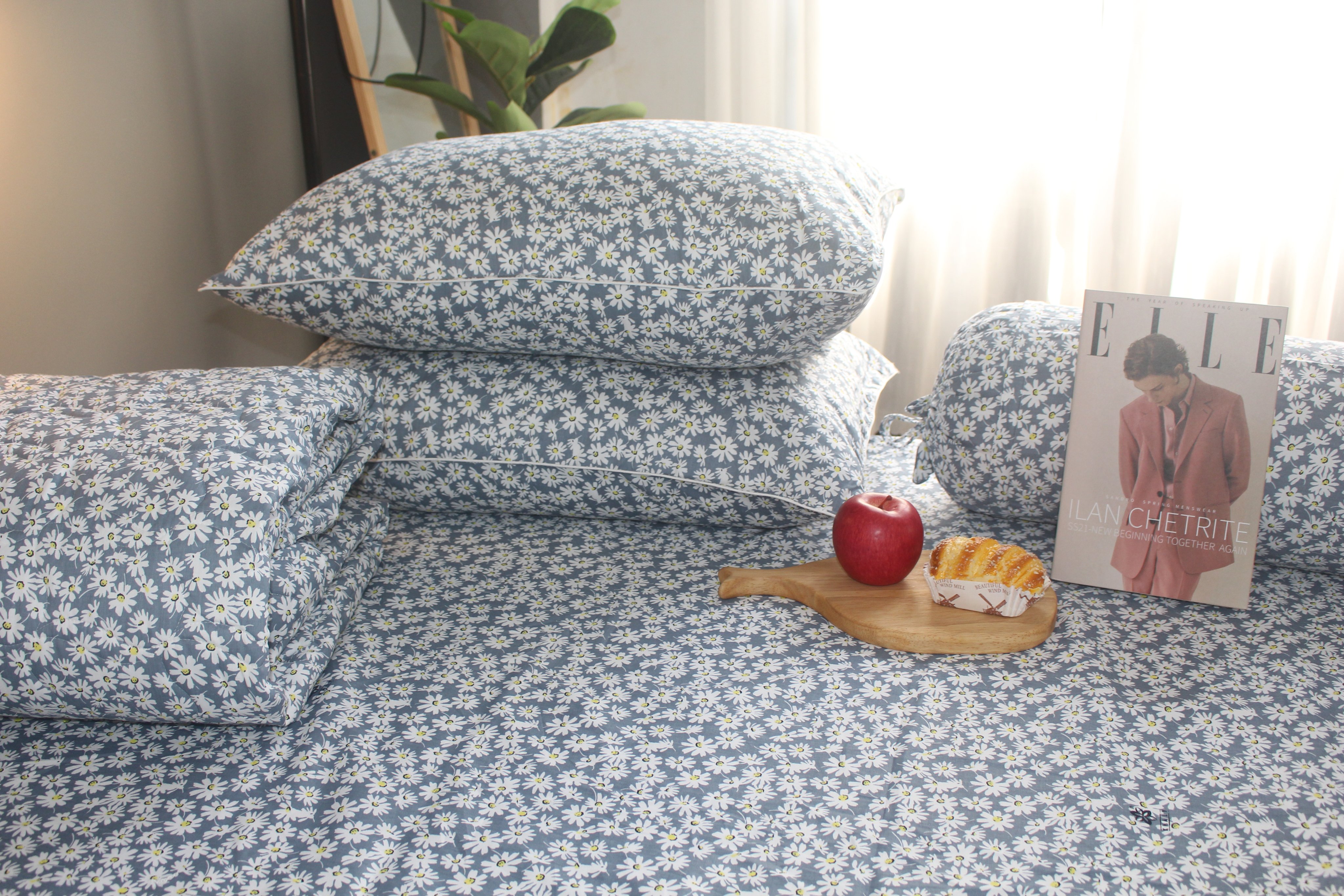 Bộ drap gối KHA LY - 100% cotton thiên nhiên - VN322 Cúc Họa Mi Xám Nhạt Vải dày dặn mát mẻ siêu thấm mồ hôi