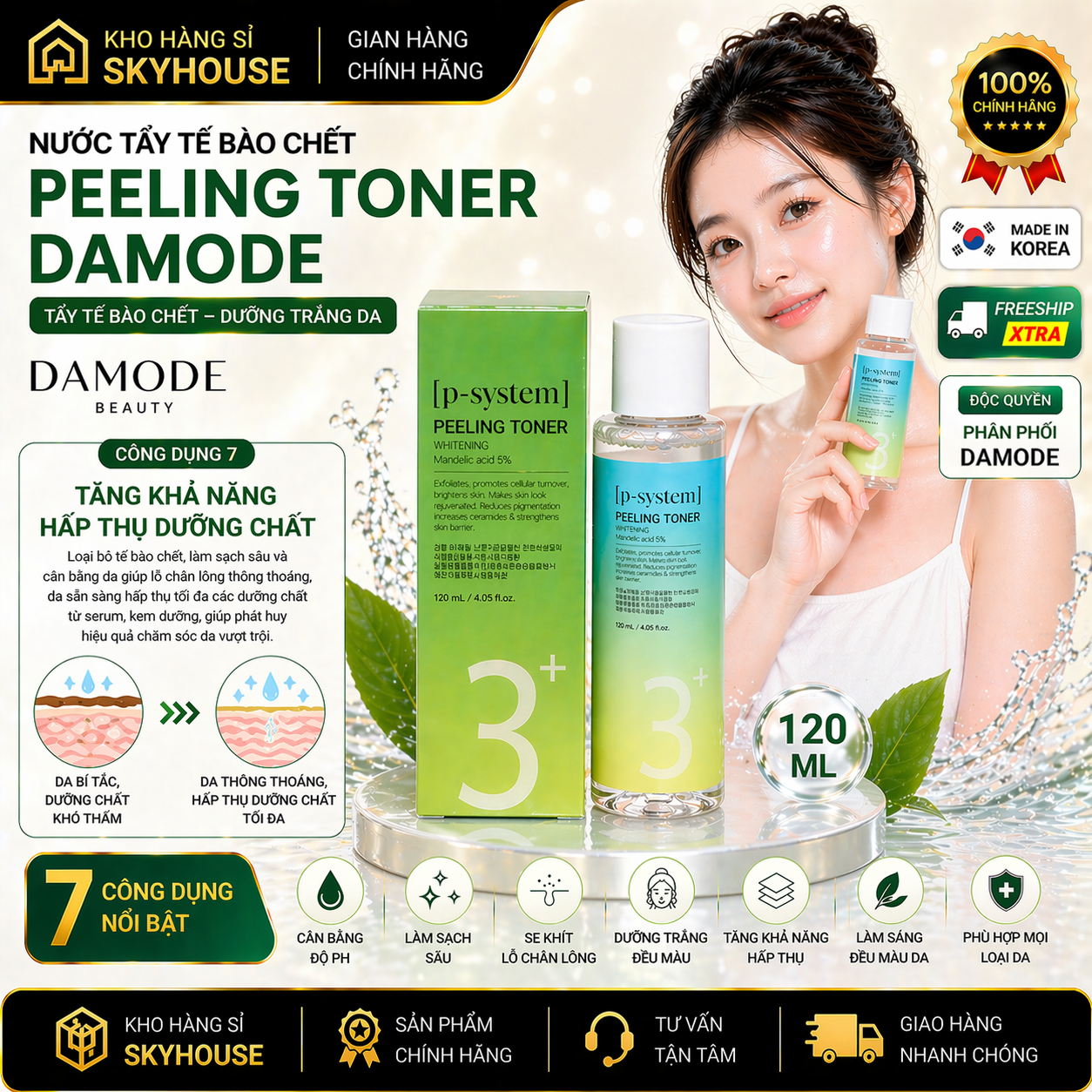 Nước tẩy da chết dịu nhẹ PEELING TONER DAMODE 120ml nước tẩy dưỡng trắng da chính hãng