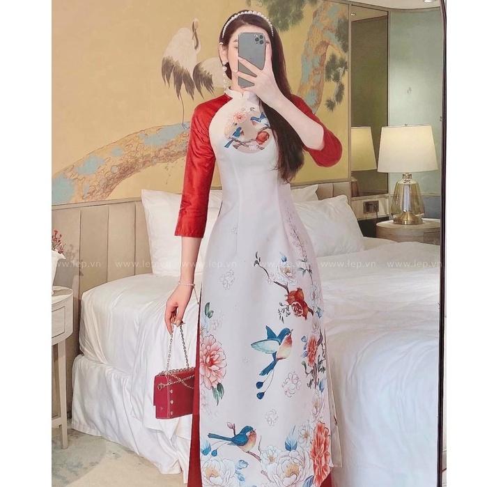 Áo Dài Cách Tân Lụa phối Tapta Tay Đỏ Siêu Xinh Cho Các Nàng Vào Sắc Thu