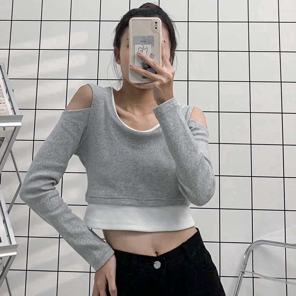 Áo Croptop Nữ Dài Tay Phối Layer Vải Thun Gân Form Ôm
