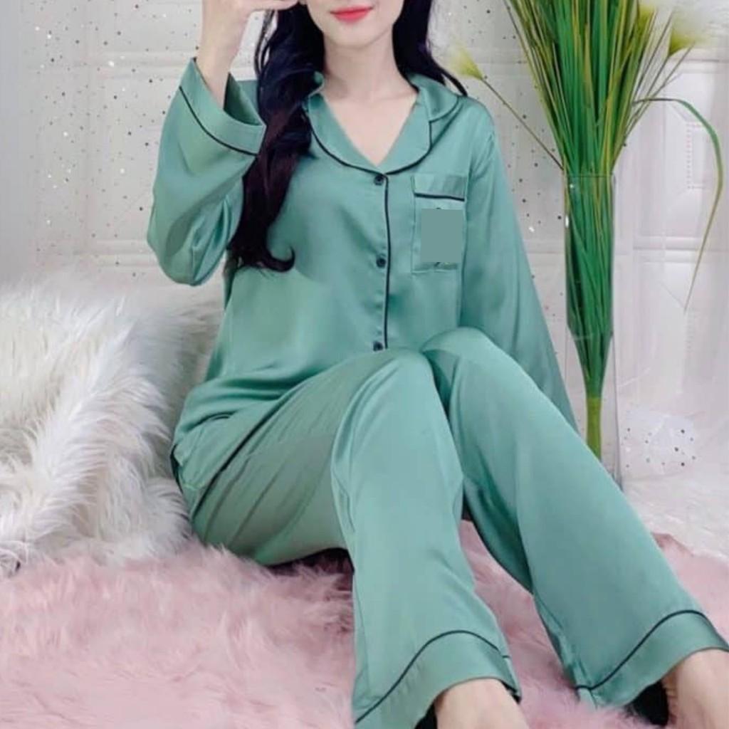 Đồ Bộ Dài Tay Lụa Satin Trơn Phối Viền Đen Trắng Cực Sanh Chảnh Và Đẹp Đồ Bộ Pyjama