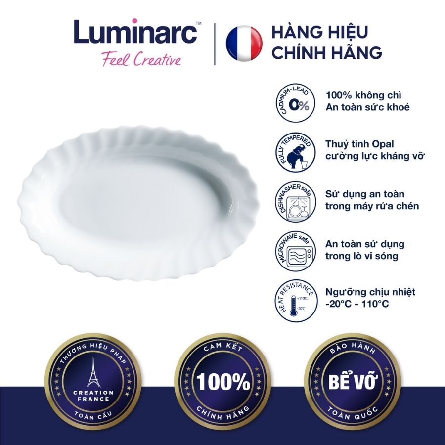 Bộ 6 Đĩa Oval Thuỷ Tinh Luminarc Trianon Trắng 22cm - LUTRN3648