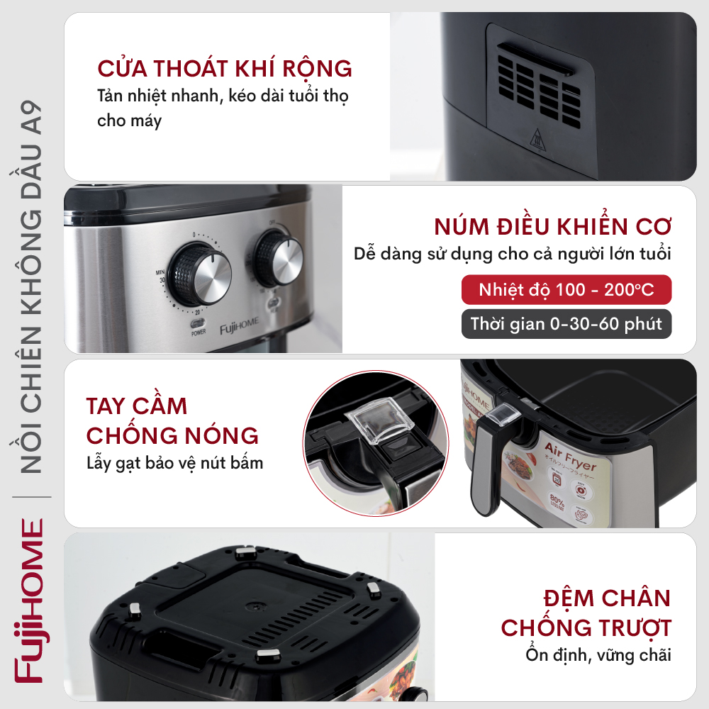 Nồi chiên không dầu 9.2L Nhật Bản Fujihome tự ngắt (kèm gắp), Lò chiên nướng không khí cơ 9 lít không hơi nước air fryer - Hàng Nhập Khẩu