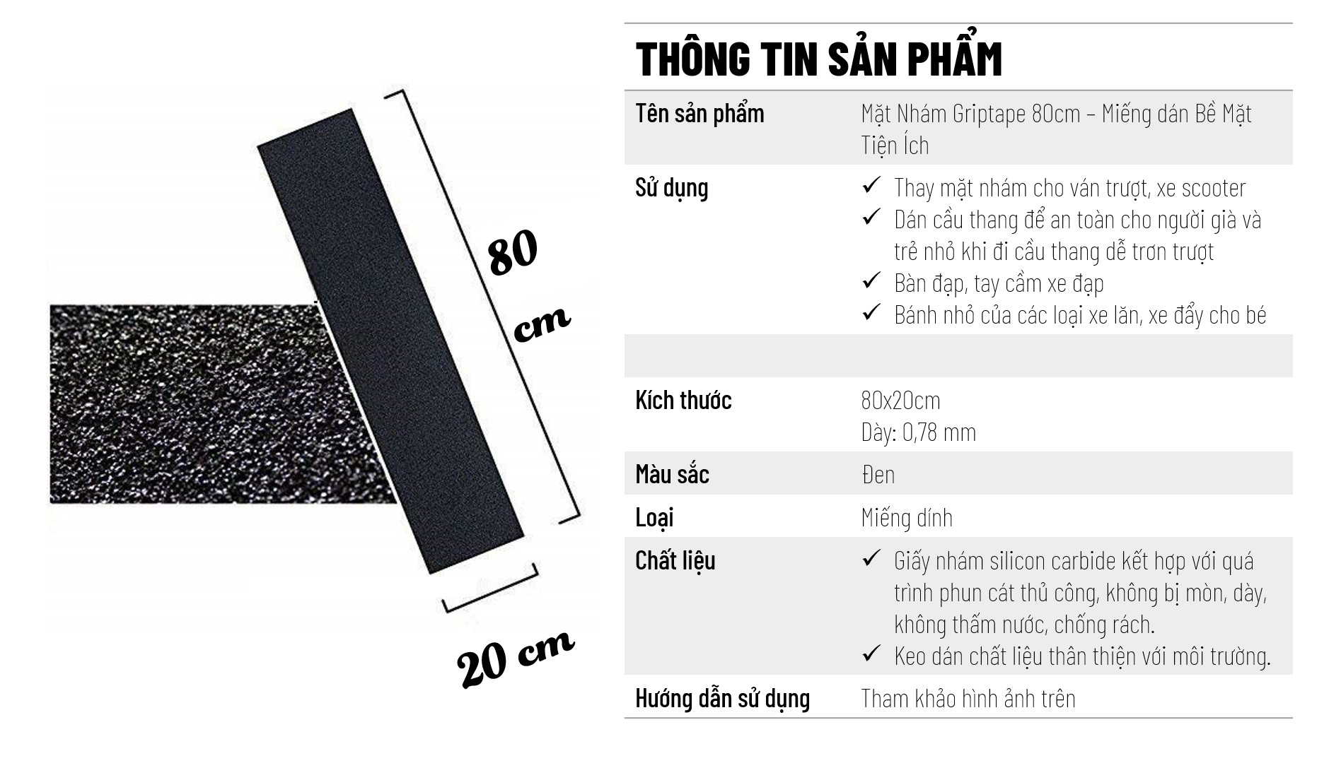 Mặt Nhám , Grip tape, Chống Trượt cho Ván Trượt Skateboard và Scooter - Miếng Dính Bề Mặt Tiện Ích - Loại 80 cm - Đảm Bảo An Toàn Trong Gia Đình và Trong Các Hoạt Động Ngoài Trời