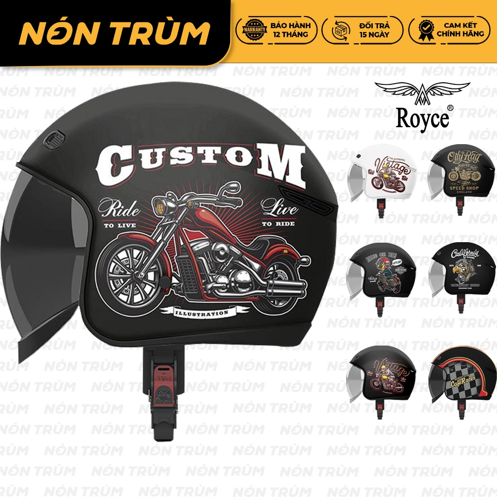 Mũ bảo hiểm 3/4 Royce Xh26 kính âm nhiều tem cá tính size M L XL cho nam và nữ đi xe máy