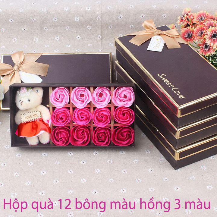 Hộp quà hoa hồng sáp 12 bông Sweet love kèm gấu - Quà tặng cho mẹ - Quà 8/3 cho bạn gái - Quà tặng 20/10