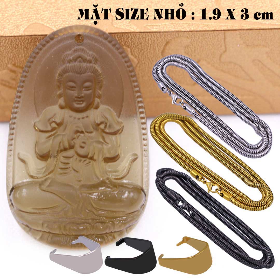Mặt Phật Đại nhật như lai đá obsidian  1.9cm x 3cm  kèm vòng cổ dây chuyền inox rắn vàng + móc inox vàng, Phật bản mệnh, mặt dây chuyền
