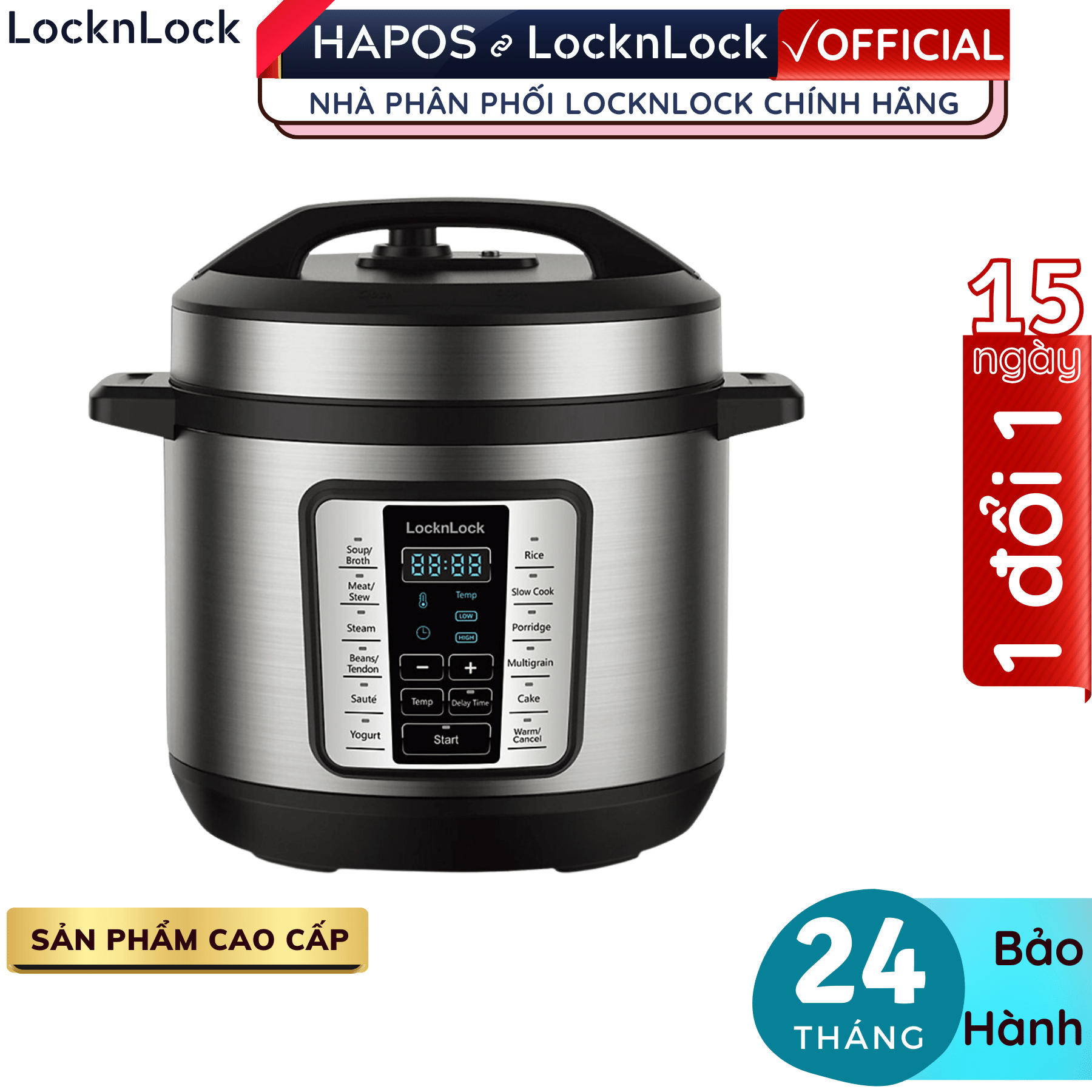 Nồi áp suất điện tử Lock&amp;Lock EJP666SLV 6 lít - Hàng chính hãng, 11 chế độ cài sẵn, hẹn giờ nấu, giữ ấm - Hapos