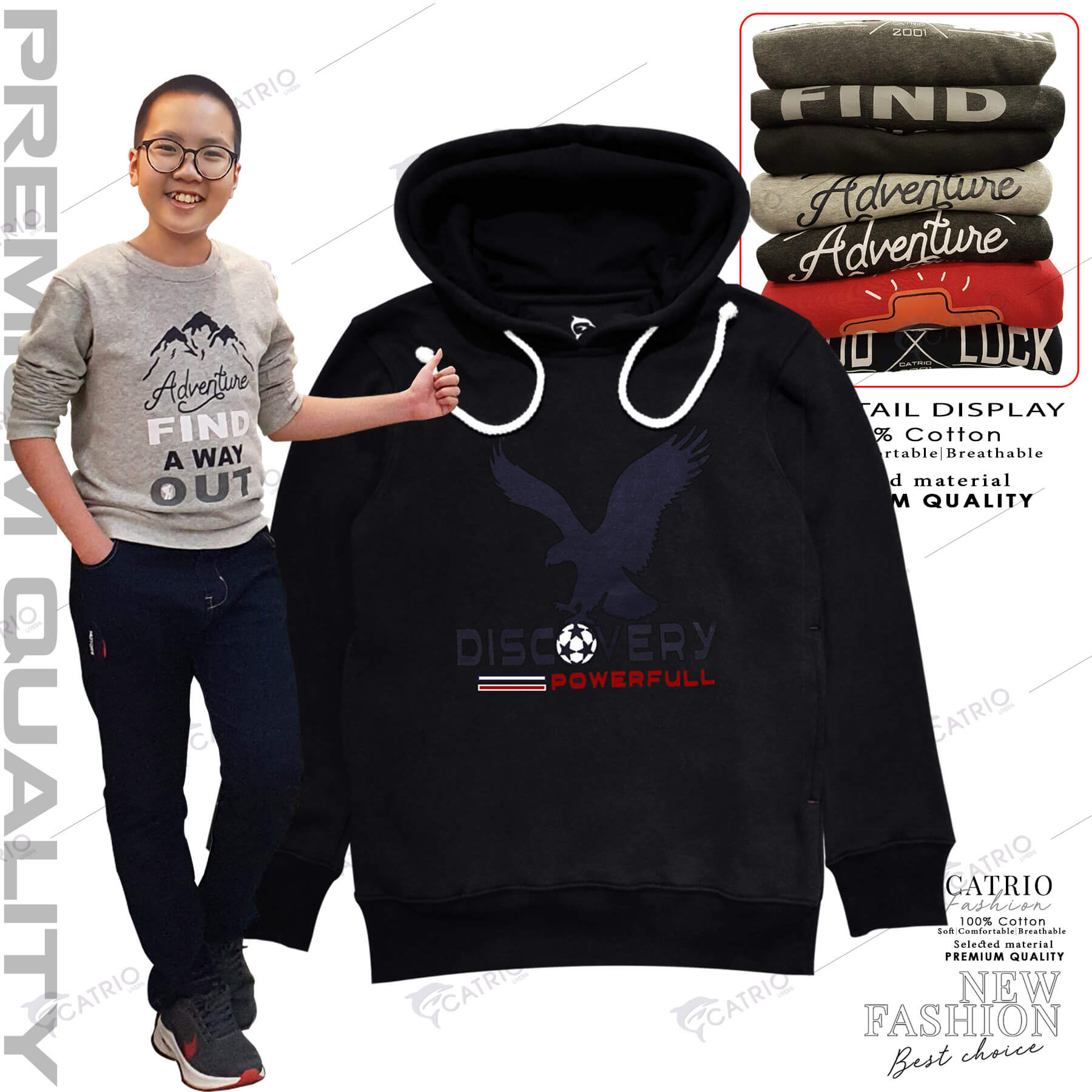 ÁO HOODIES TRẺ EM CATRIO in ĐẠI BÀNG DISCOVERY là áo thun dài tay có mũ có túi thời trang, vải 100% cotton dày, ấm mùa thu đông phù hợp với trẻ em bé trai, bé gái 9 tuổi 32kg-11 tuổi 43kg kết hợp quần dài cotton CATRIO thành bộ đồ đẹp MÀU ĐEN