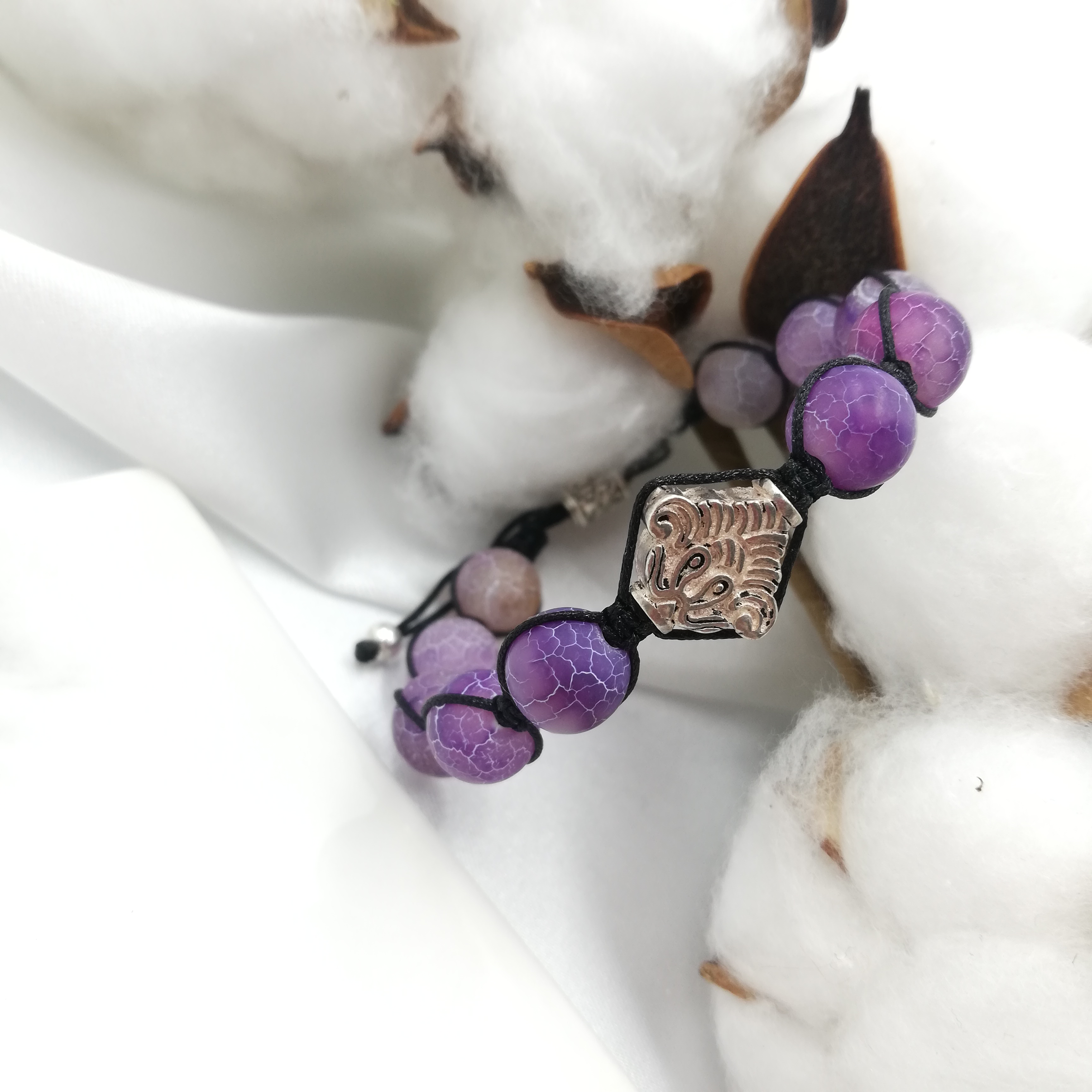 Vòng Tay Thắt Dây Mã Não Tím Vân Rắn Mix Charm Bạc 925