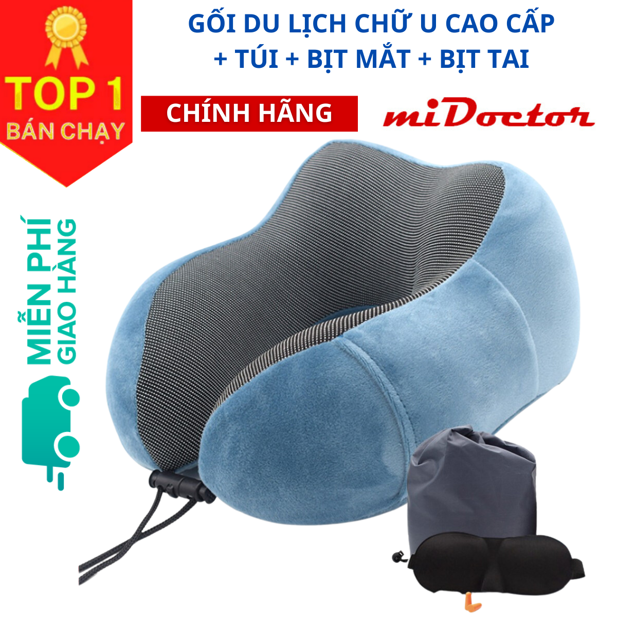 Gối Ngủ Văn Phòng Du Lịch + Kèm Bịt Mắt, Bịt Tai – Gối Ngủ Chữ U Chất Liệu Memory Foam Chính Hãng miDoctor