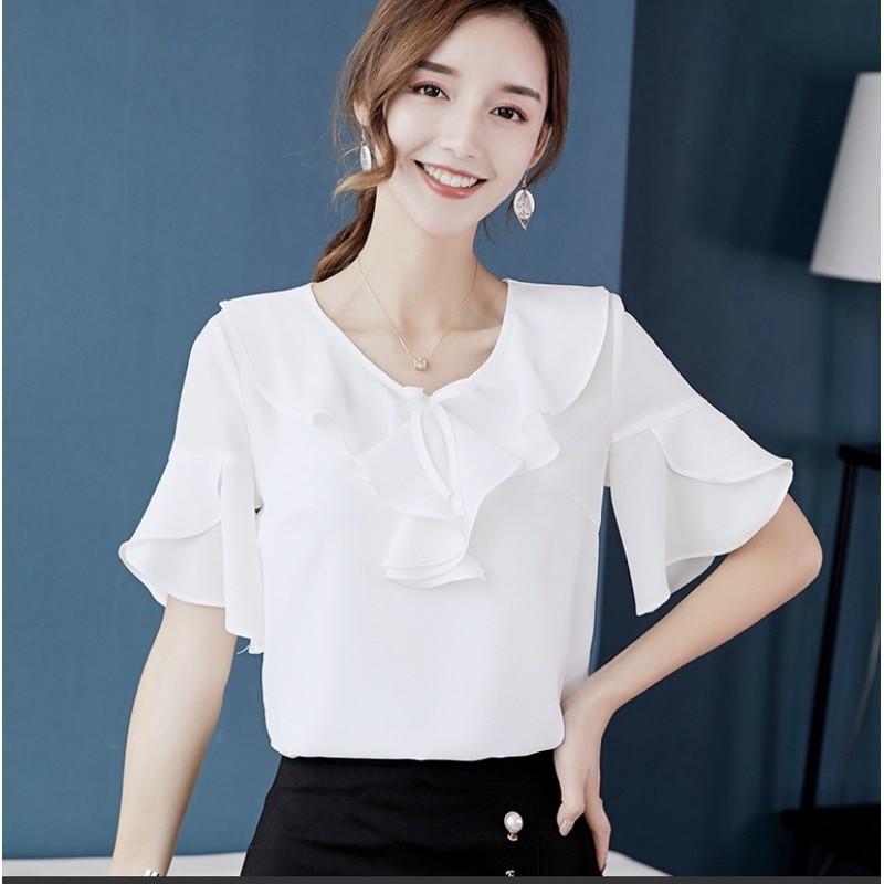 Áo sơ mi voan điệu đà nhẹ nhàng tay bèo cổ nơ công sở đi làm đi chơi  mẫu 2021