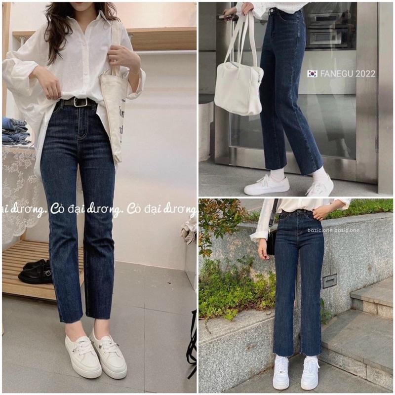 Quần jean xanh cạp cap ống đứng cho nữ