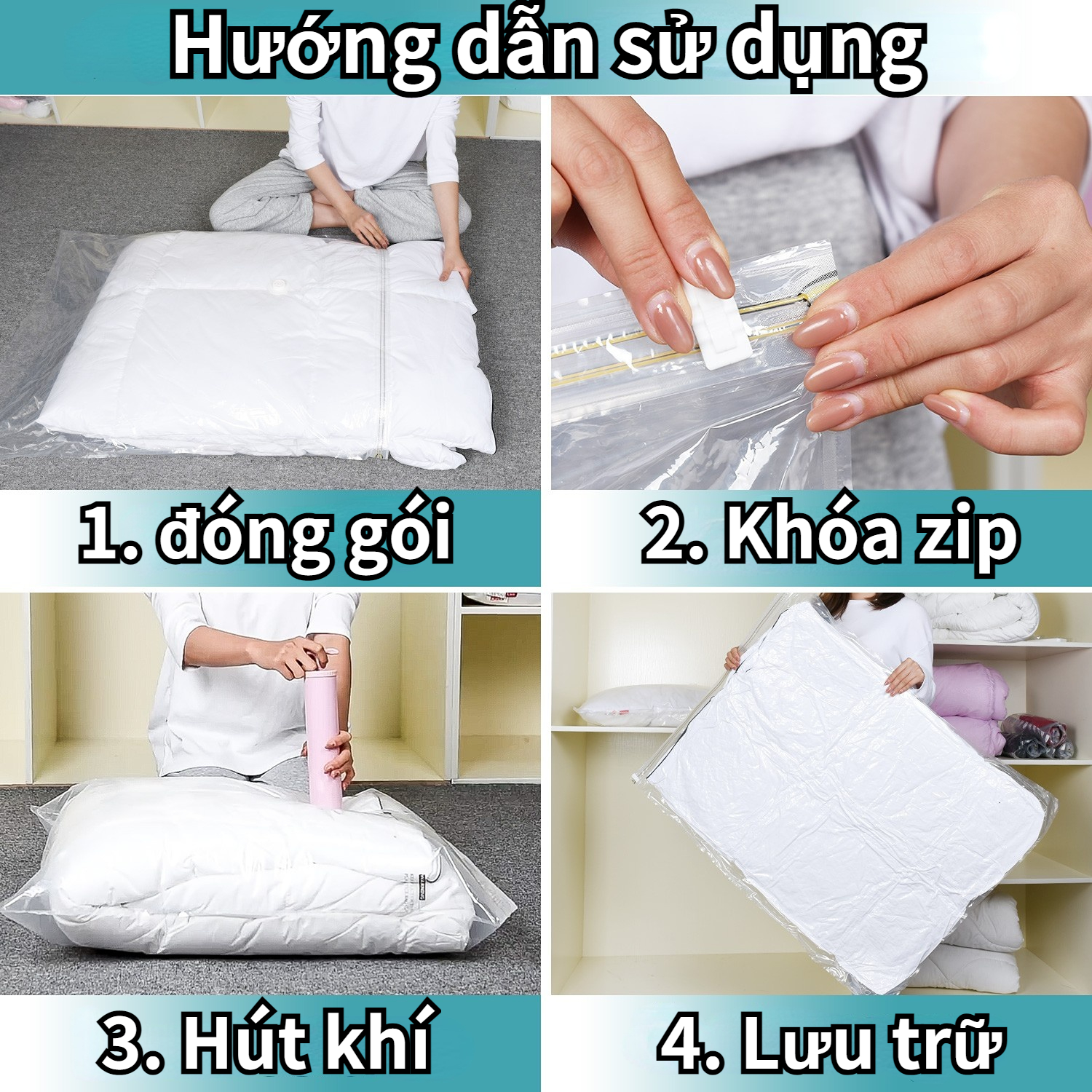 Bộ 4 Túi Hút Chân Không Đựng Quần Áo Chăn Màn Bảo Quản Đồ Đạc Gọn Gàng Tiết Kiệm Không Gian