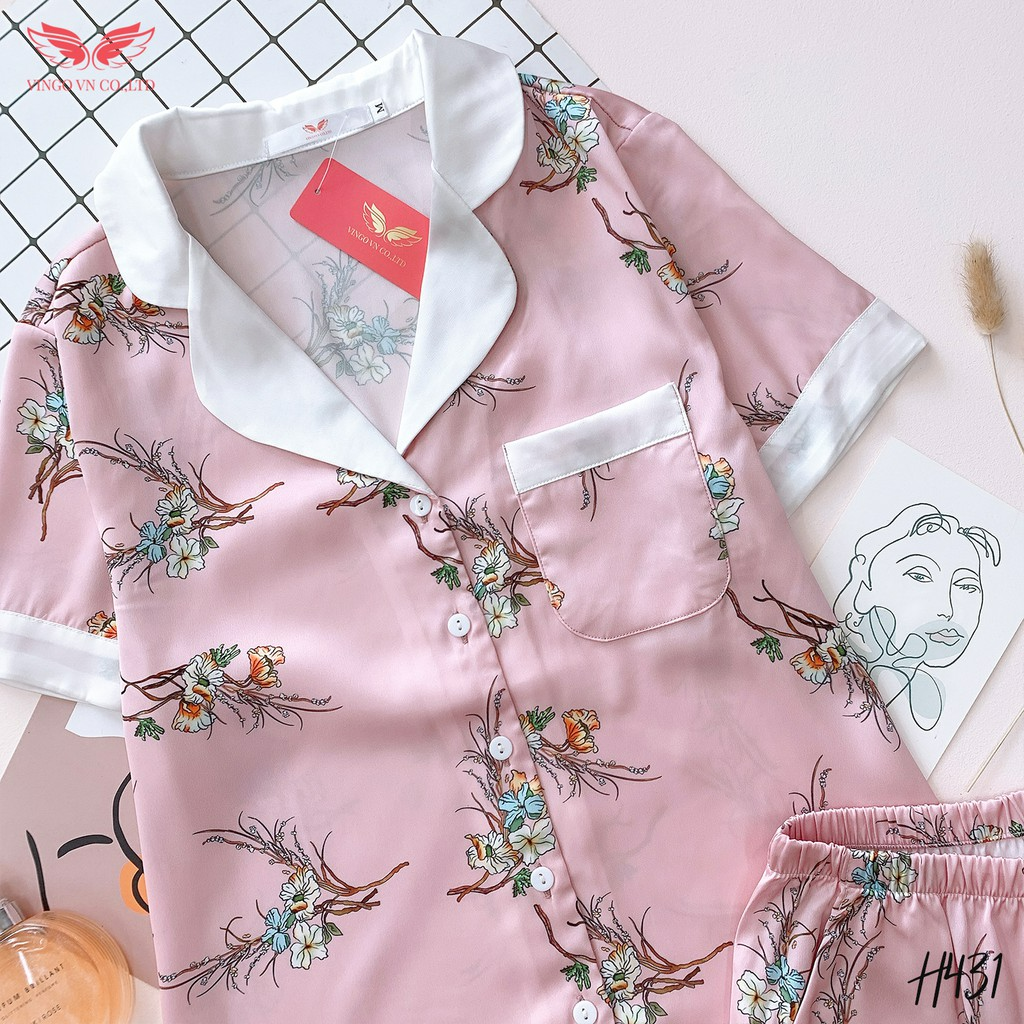 Bộ đồ Pijama VINGO lụa Pháp mát mẻ mặc nhà tay cộc quần cộc họa tiết cành hoa H431 VNGO - TCQC