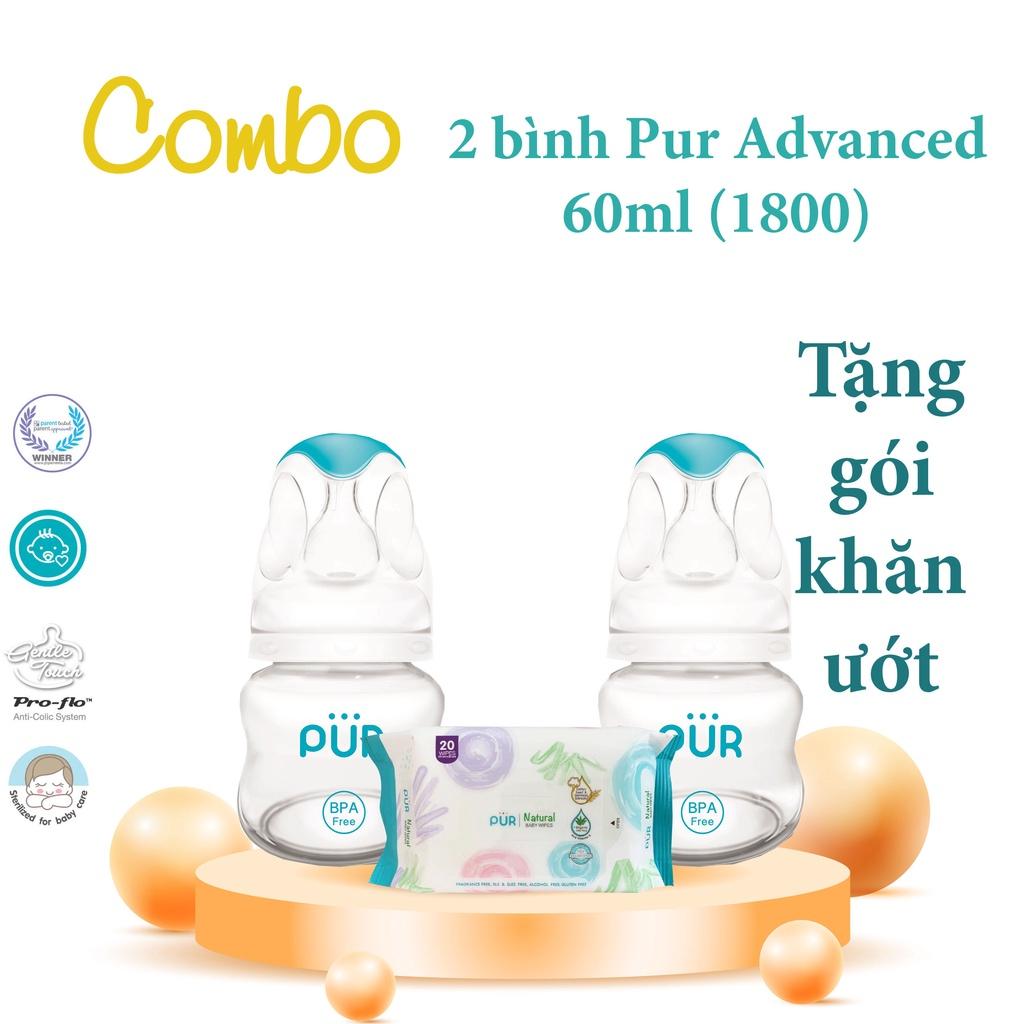 Combo 2 bình Pur Advanced 60ml cho bé từ 0-3 tháng, tặng gói khăn ướt