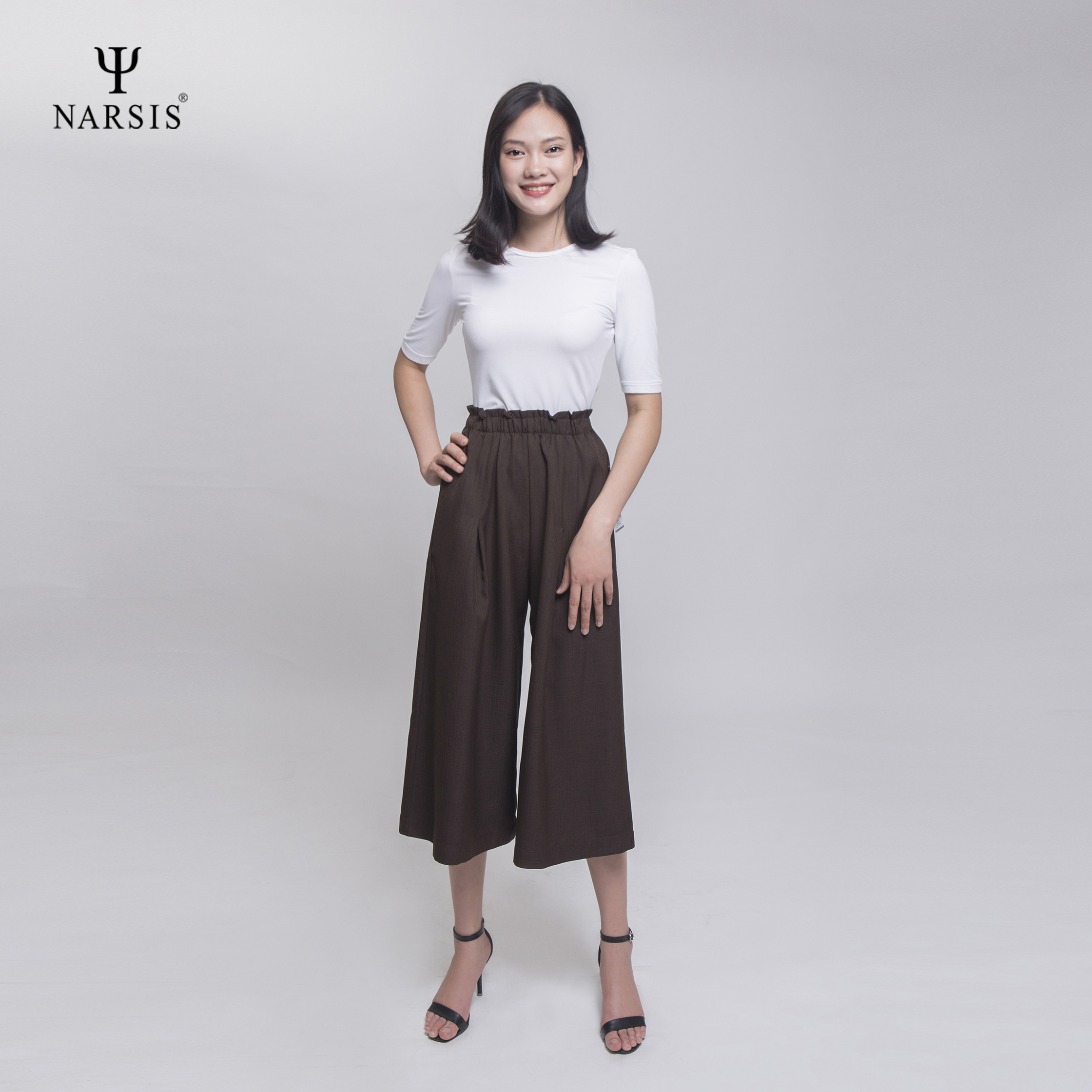 Quần xuông nữ lửng kẻ nâu Narsis P0010