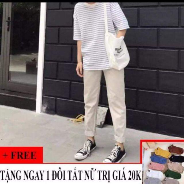 Quần kaki nữ suông sắn ống + Tặng 1 đôi tất nữ dễ thương