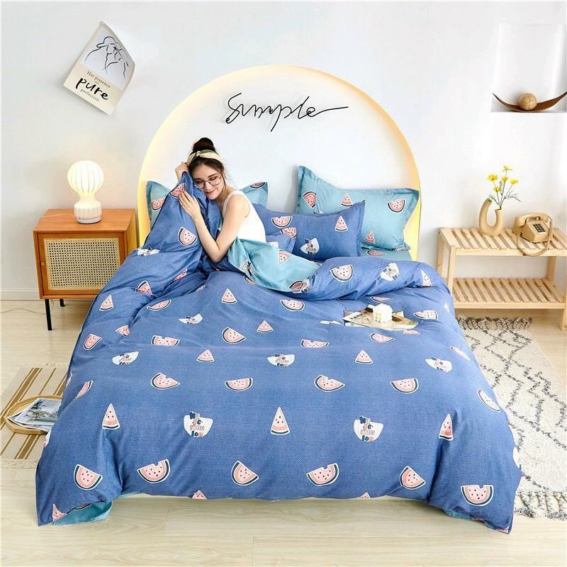 Bộ chăn ga Cotton Poly M2T bedding, chăn ga hàn quốc họa tiết dưa hấu xanh miễn phí bo chun