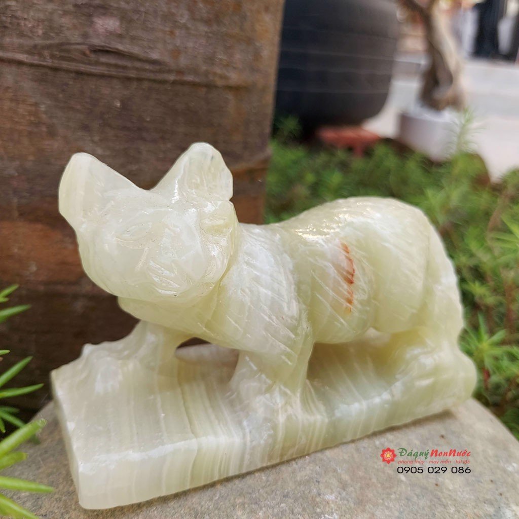Tượng mèo đá tuổi mẹo 12 con giáp phong thủy đá ngọc Pakistan 10cm đá Non Nước