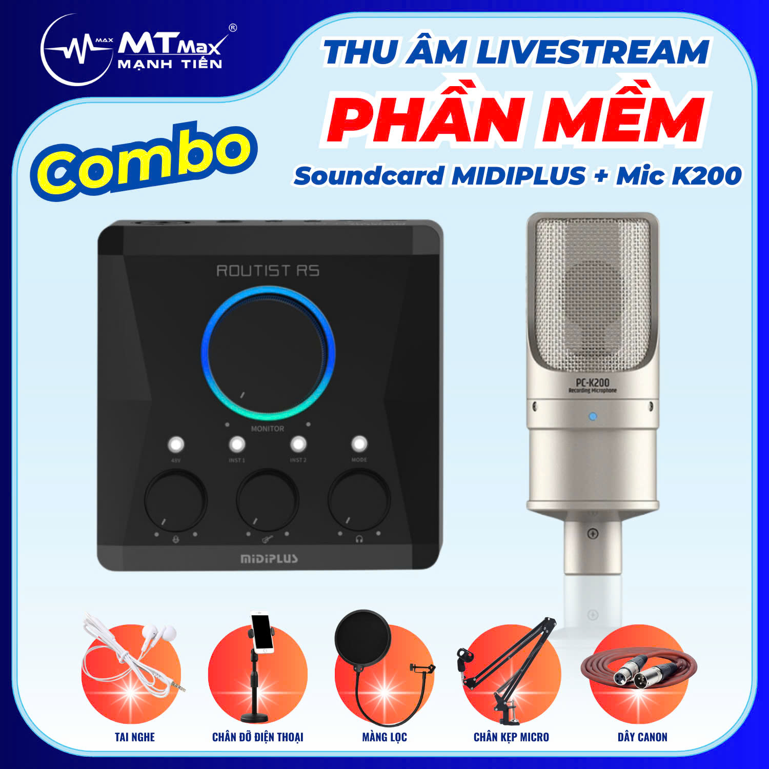 Combo chuyên Thu Âm Dùng Phần Mềm Livestream Chuyên Nghiệp sound card Routist RS GEN II và micro thu âm Takstar K200 hàng nhập khẩu