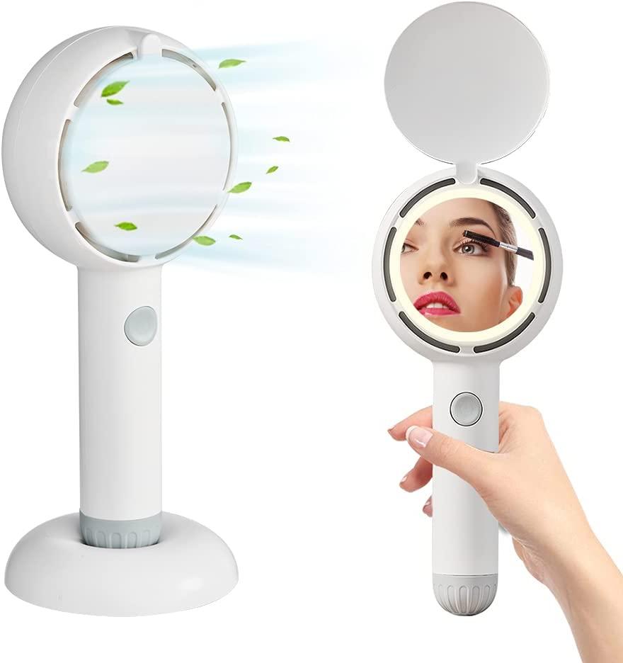 Quạt cầm tay Mini, Quạt cầm tay có thể sạc lại bằng pin với gương trang điểm LED