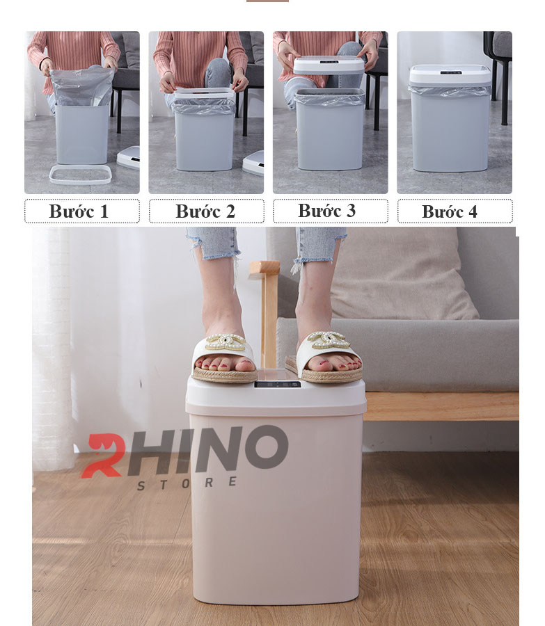 Thùng rác cảm ứng thông minh Rhino TR101 thể tích 16L có nắp đóng mở tự động - Hàng chính hãng