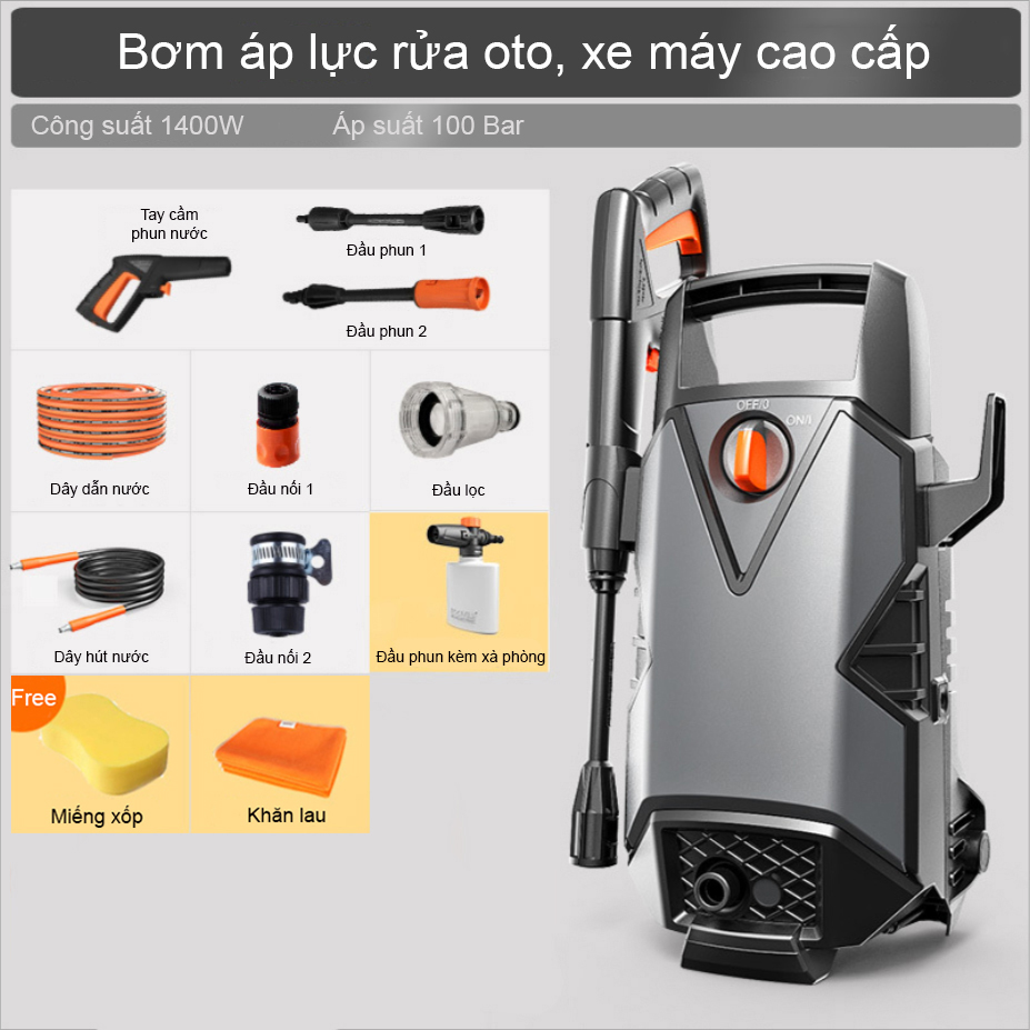 Bơm áp lực rửa oto xe máy 1400W 100Bar (Kèm bộ phụ kiện) (Màu Đen)