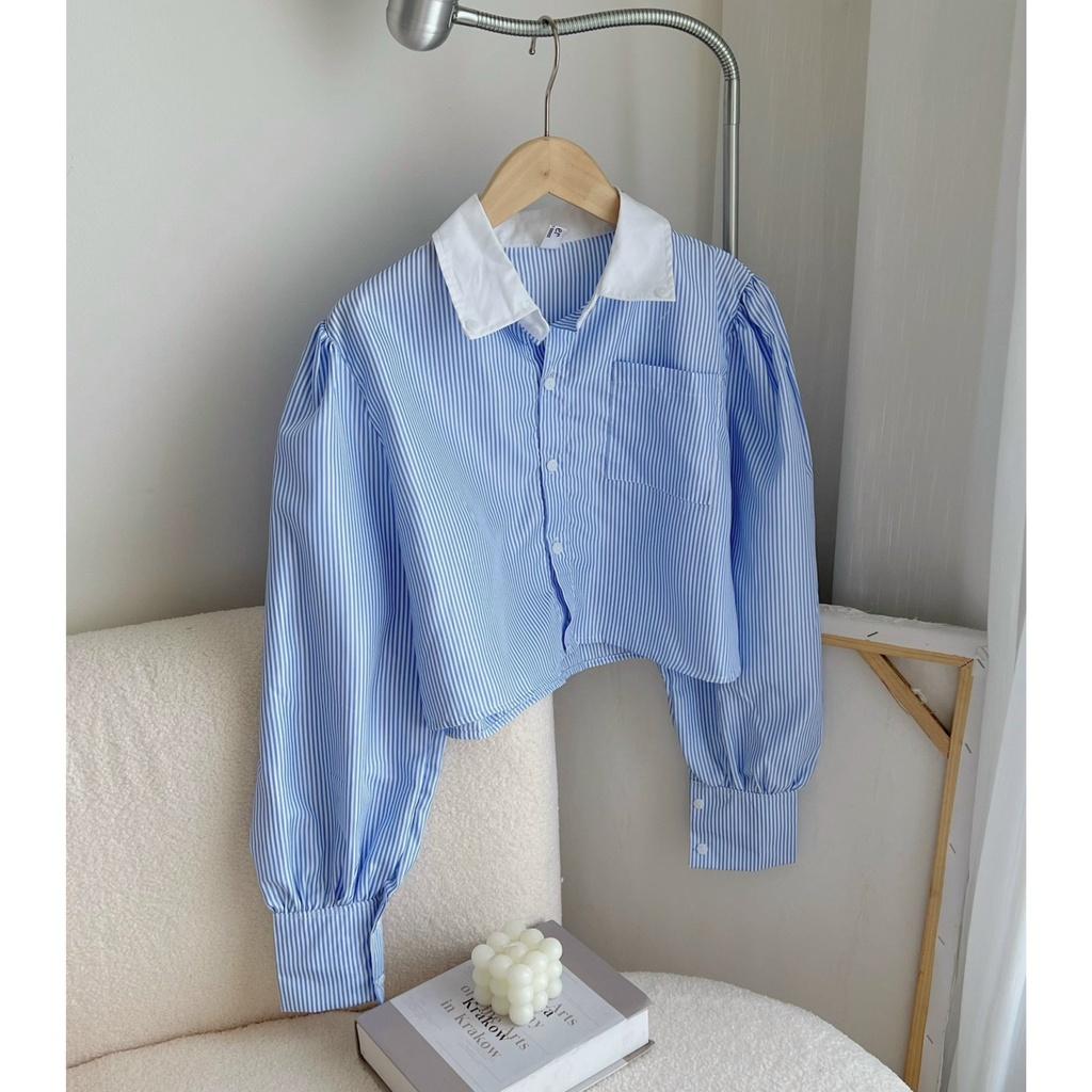 Áo sơ mi nữ croptop kẻ xanh hottrend phong cách Hàn Quốc năng động Kozoda SM90