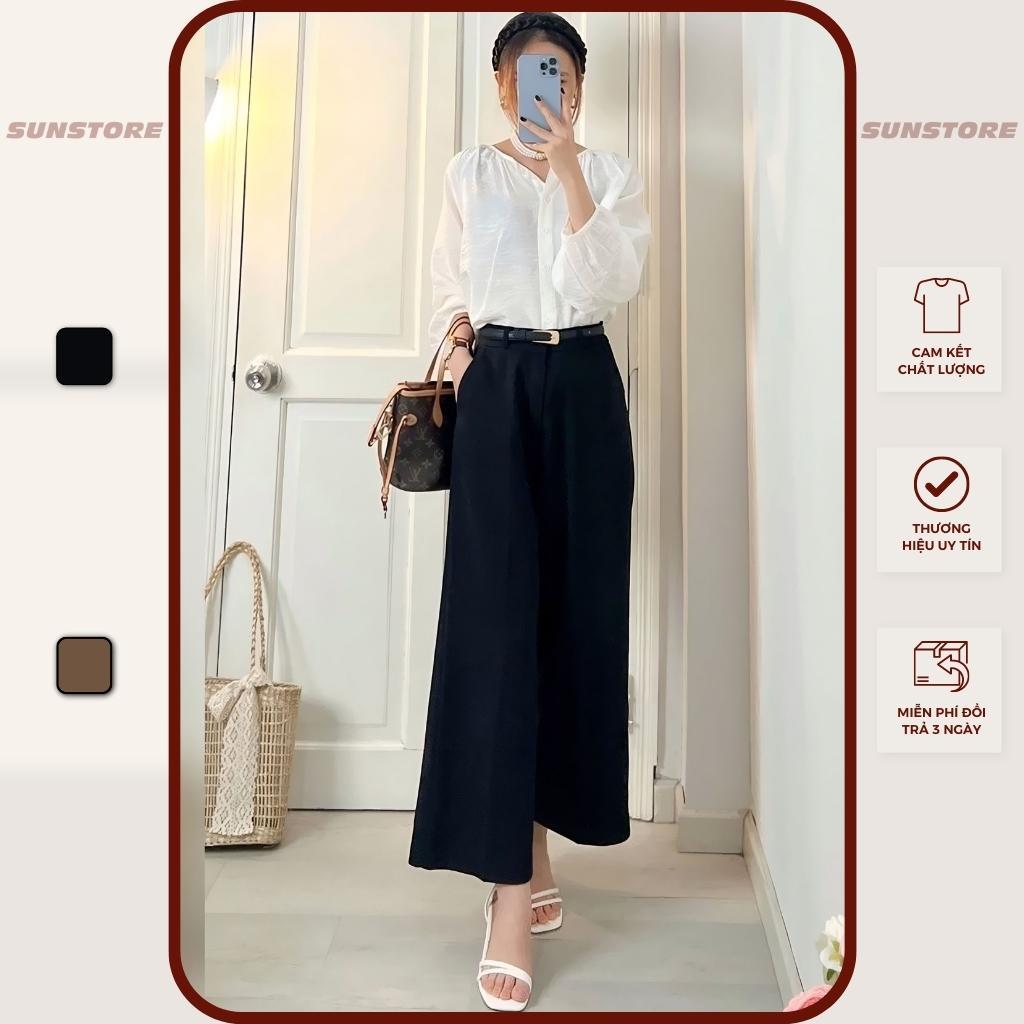 Quần lửng ống rộng nữ culottes lưng cao cạp cao vải dáng suông màu nâu và đen - Sunstore - Đen, Đen