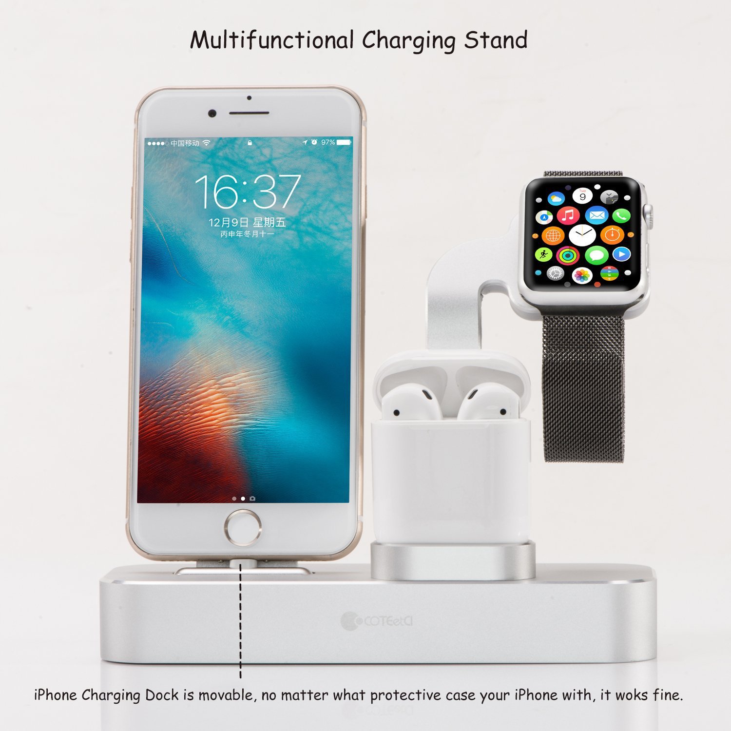 Giá đỡ kiêm đế sạc để bàn cho Apple Watch &amp; iPhone &amp; AirPods hiệu Coteetci Multifunction (hợp kim nhôm, Sạc cùng lúc 3 thiết bị, chuẩn MFi Apple) - Hàng nhập khẩu