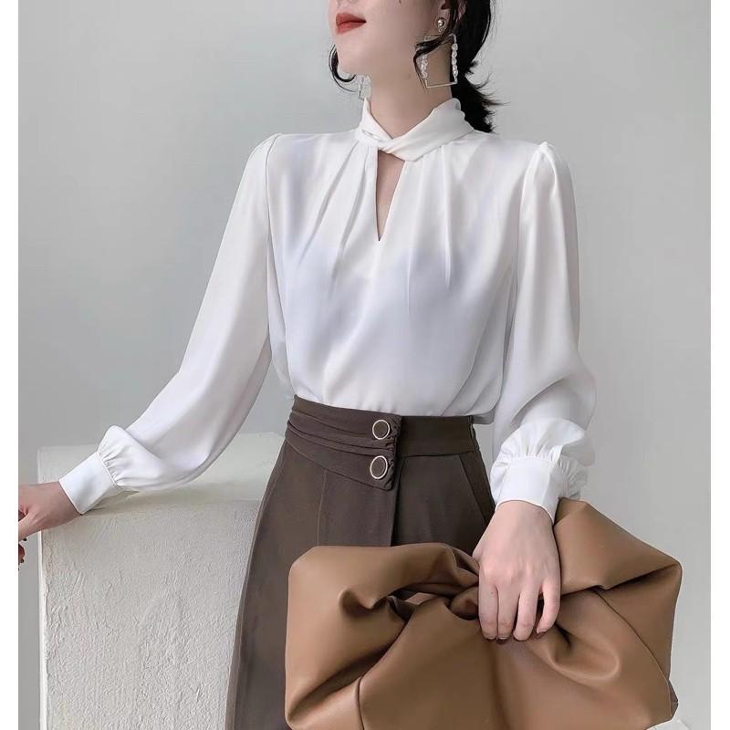 Áo sơ mi nữ lụa satin cổ xoắn m109